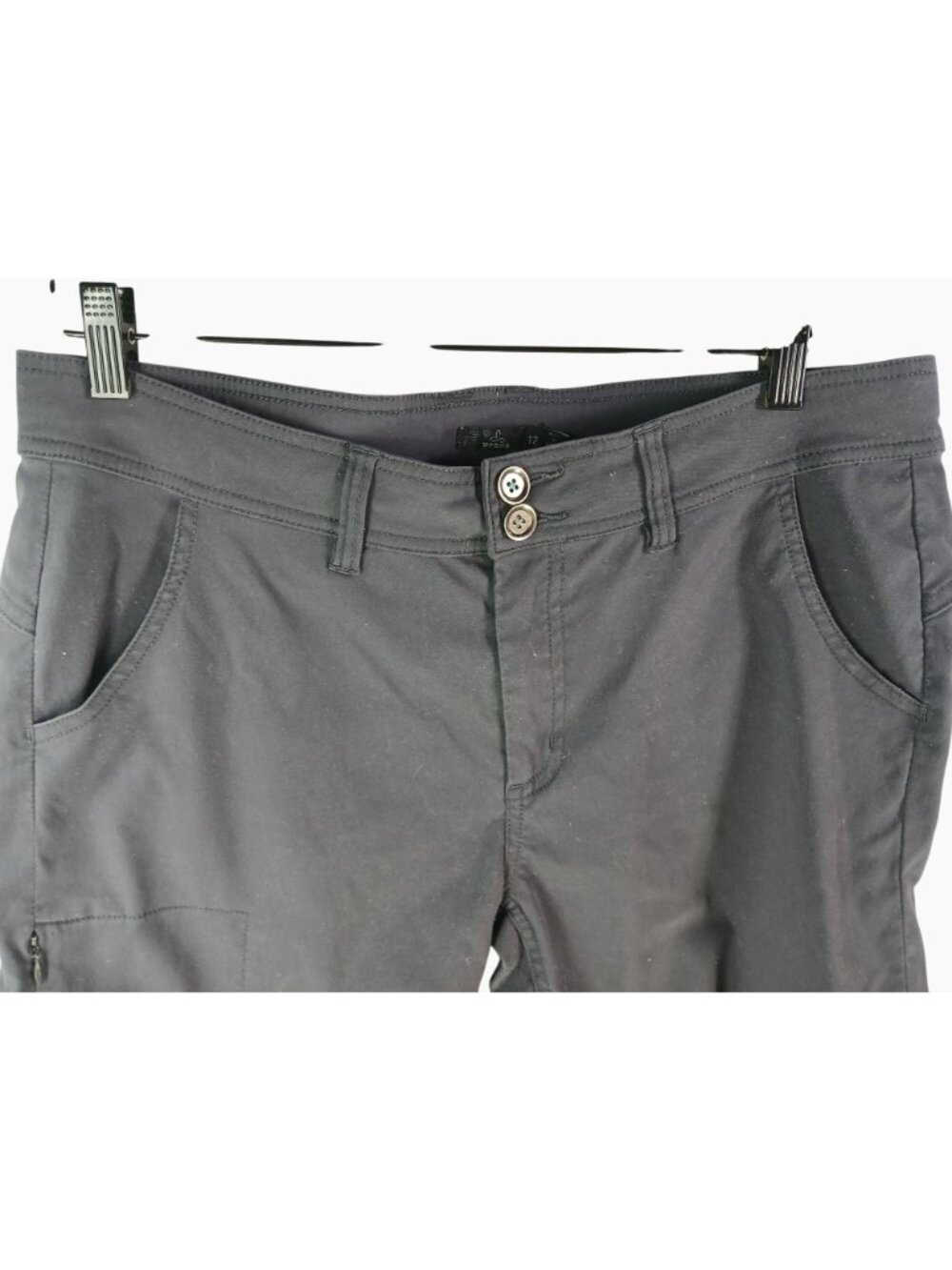 Prana Womens Gray Outdoor Hiking Shorts Size 12 Zip Pocket Back Button Flap - Picture 9 of 12
